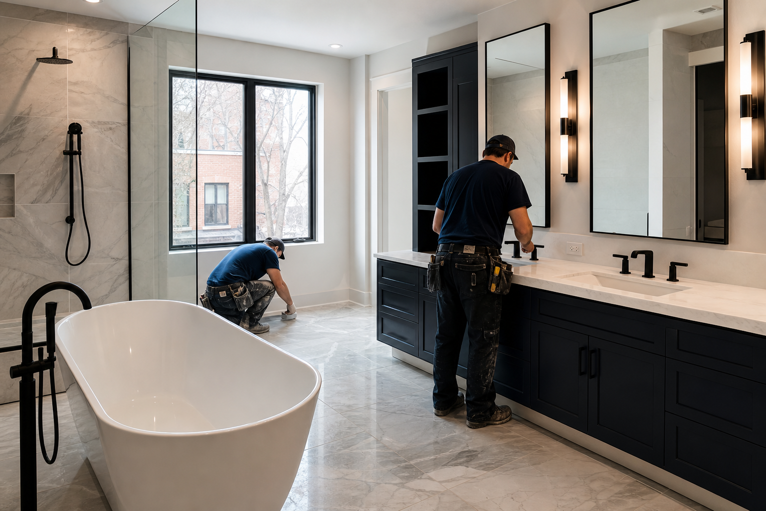 Chicago condo bathroom renovation with premium finishes and organized construction staging